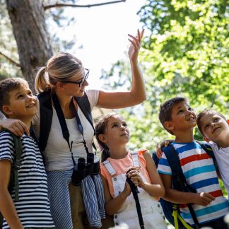 Group,Of,Children,Hiking,In,Forest,With,They,Teacher.they,Learning